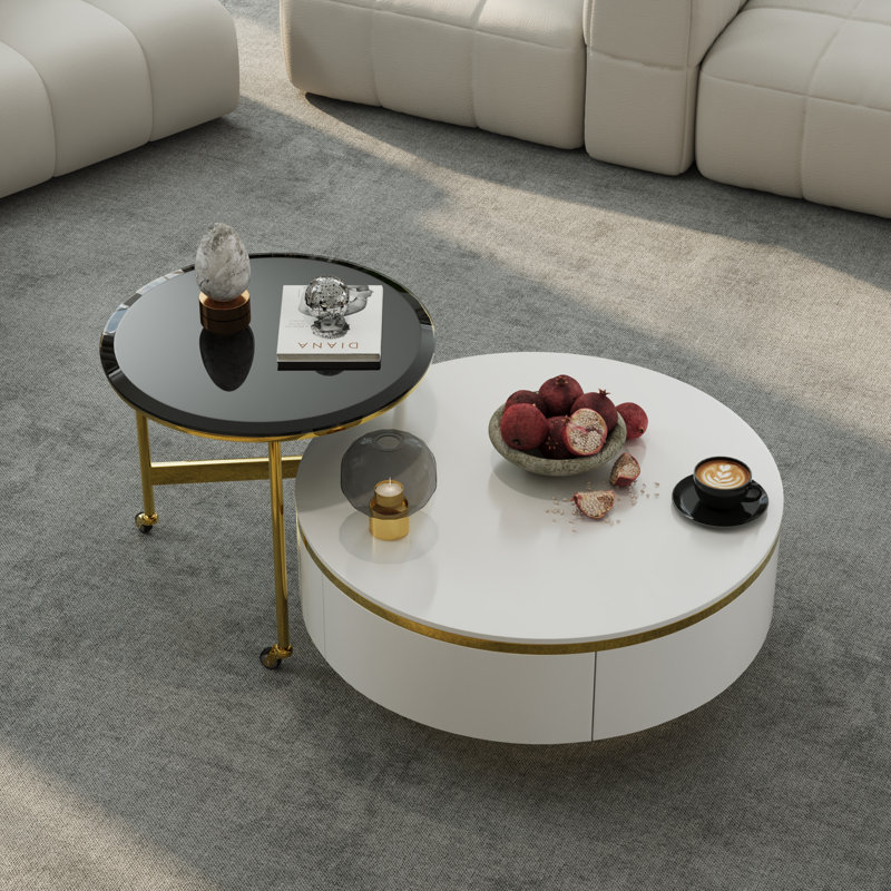 31.5 Inch White And Gold Nesting Coffee Table Set With Two Storage Drawers, White, Gold
