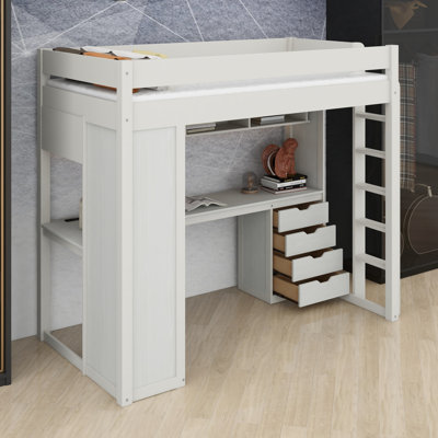 Modern High Loft Bed with L-Shaped Desk, 4 Drawers,  USB Charging Ports, Smart LED Strip and Open Shelves