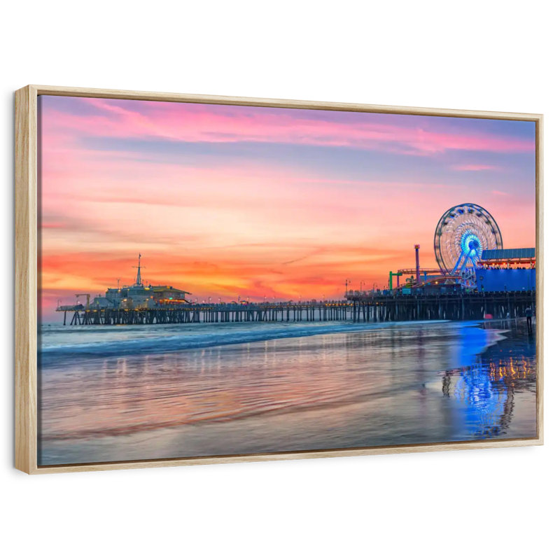 Santa Monica Beach Panorama, Floating Frame Natural Wood, 13" X 9"