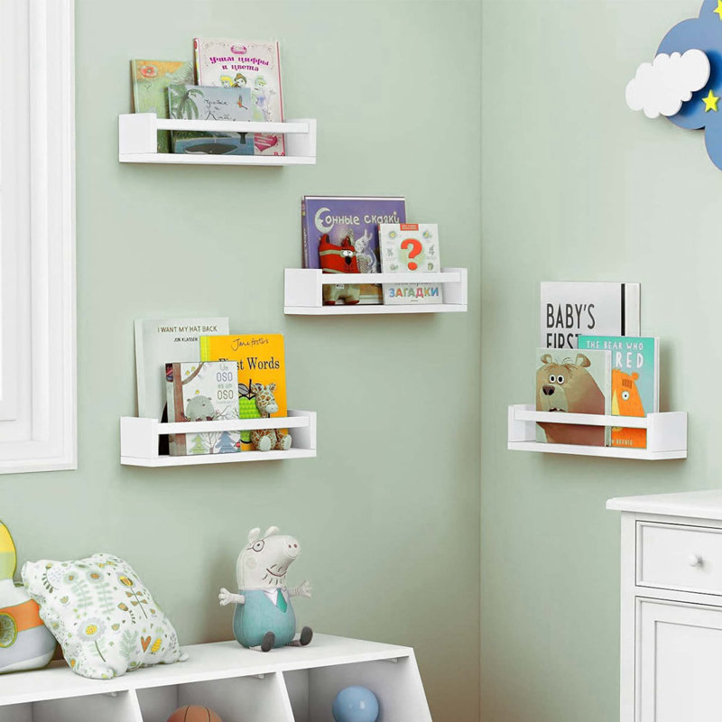 Floating Nursery Shelves Set Of 4 – White Wood Wall Storage For Kids Room Or Toys