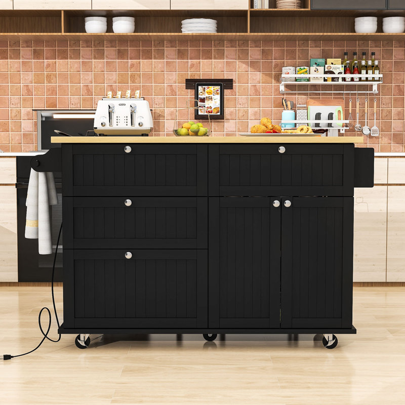 Rijwana 4 Drawers Kitchen Island Set With Drop Leaf And 2 Seatings, Black