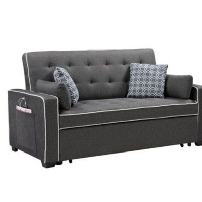 Canapé-lit 70 po en tissu gris moderne avec 2 ports de chargement USB et 4 coussins décoratifs