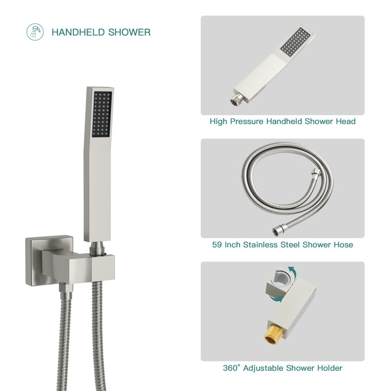 12" Ceiling Mount Rainfall Shower Head Shower System with Handheld Shower and Tub Spout Set, Brushed Nickel