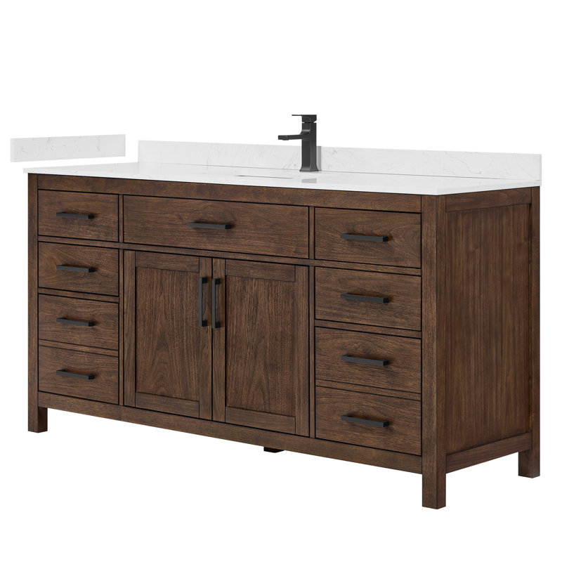 Beckett 66" Freestanding Single Bathroom Vanity with Cultured Marble Top, Whitewashed Oak, Brushed Gold