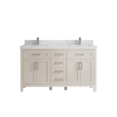 60 po Cambridge X P 22 po D Meuble-lavabo double en grain fin avec 2 po Quartz Calacatta Sienna