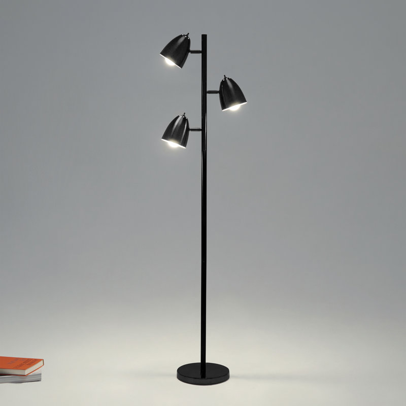 Jacob 64 in. Modern 3-Light Adjustable Standing LED Floor Lamp with 3 Metal Cone Shades, Black