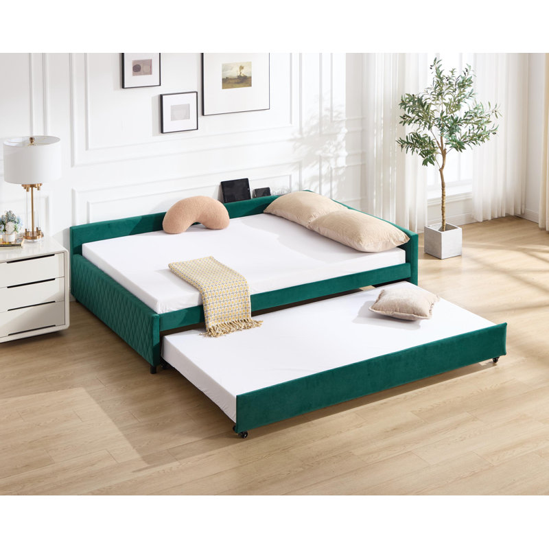 Lit de jour rembourré avec lit gigogne, structure de lit en bois robuste, conception de grille de diamant moderne, pour chambre à coucher, chambre d'amis (émeraude)