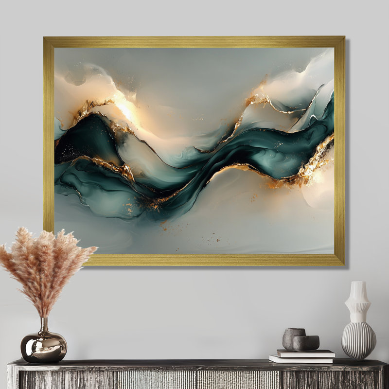 Marbre émeraude fractal, vagues océaniques II - art abstrait sur toile marbrée, Cadre simple, H 12 po x l 20 po, Doré