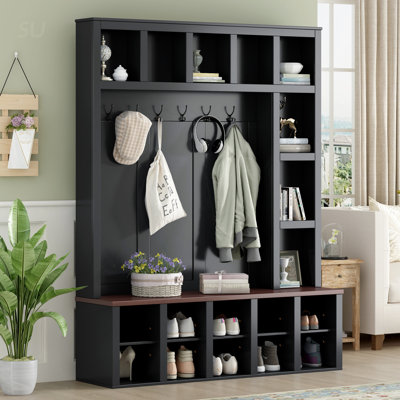 Wooden Style Hall Tree With 6 Hooks, Practical Walnut Storage Bench With Adjustable Shelves, 4-In-1 Entryway Shoe Cabinet With 13 Cubbies