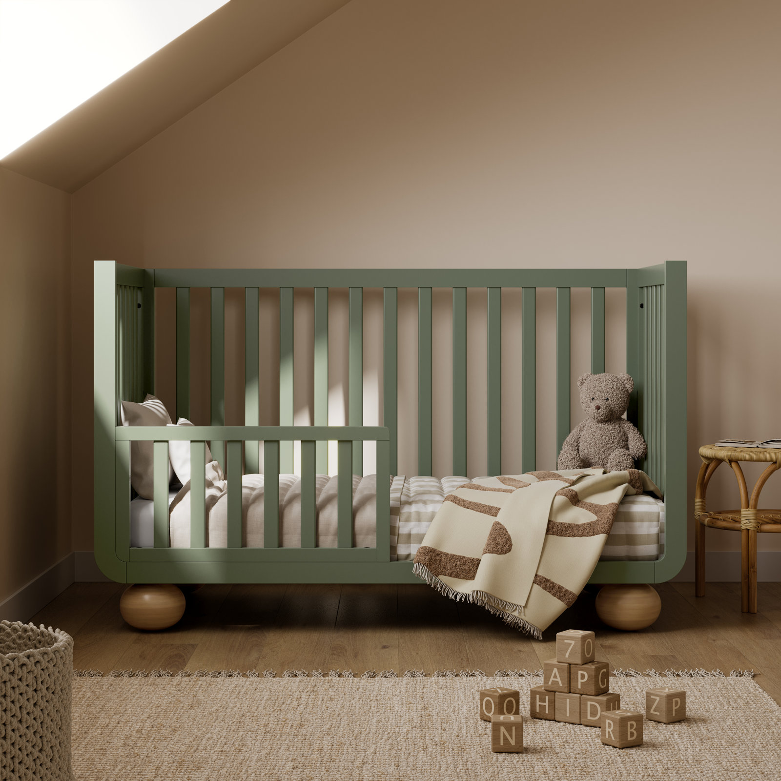 Amalfi Deluxe 5-In-1 Convertible Crib With Bonus Toddler Guardrail, Olive/Driftwood, Crib