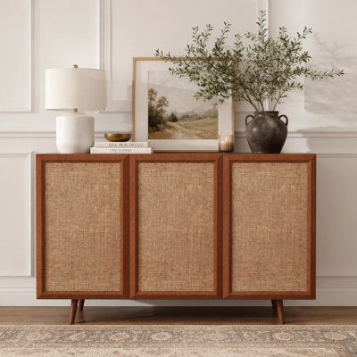 Armoire décorative Mid-Century en rotin, armoire de rangement buffet avec tablettes réglables, meuble télé en bois pour salon d'entrée