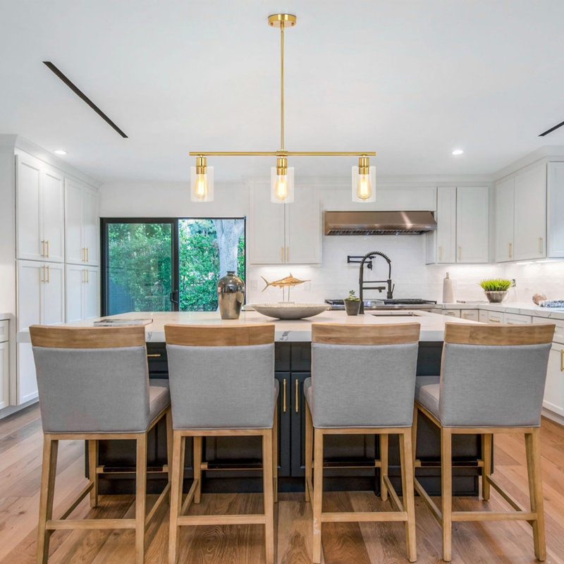 Delmis 3 - Light Kitchen Island Pendant Rustic Linear Chandelier with Clear Glass Shades, Gold