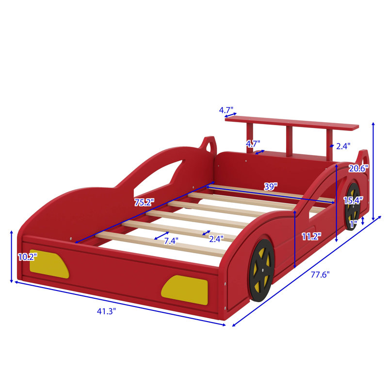 Lit plateforme simple en bois en forme de voiture de course avec roues, Rouge / Jaune