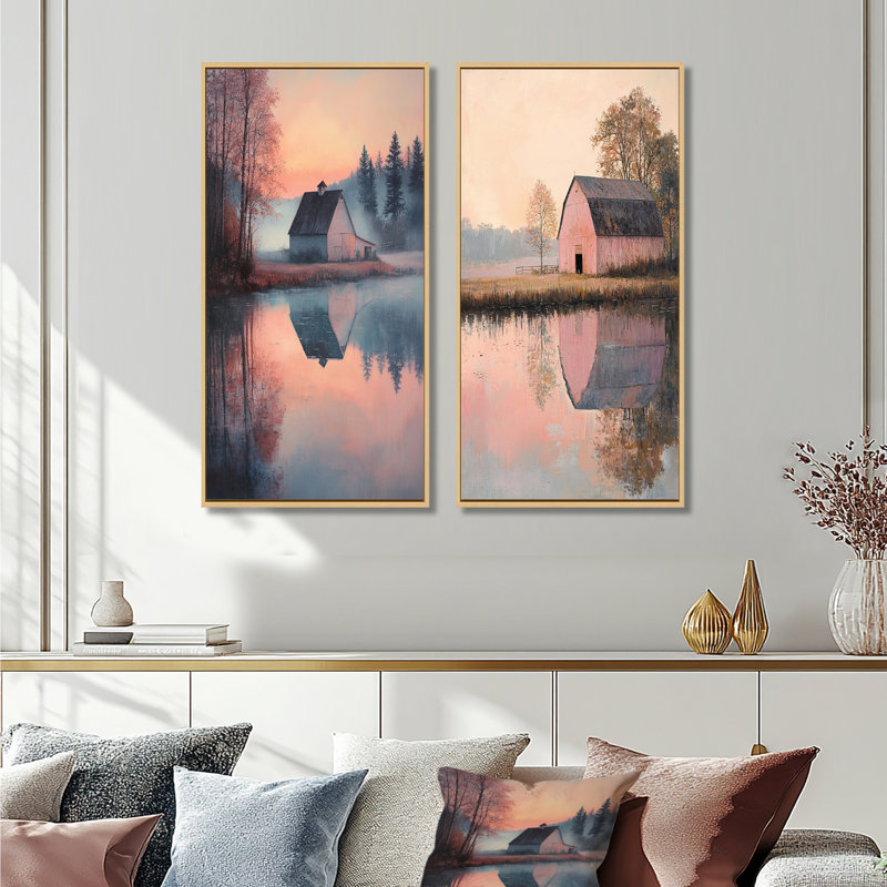 «Pink Farm Landscape Morning Calm I - Farmhouse Wall Art», ensemble de 2 pièces, H 40 po x l 40 po, Impression encadrée