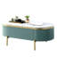 Table basse moderne élégante bleu sarcelle avec plateau effet marbre blanc et tiroir dissimulé.