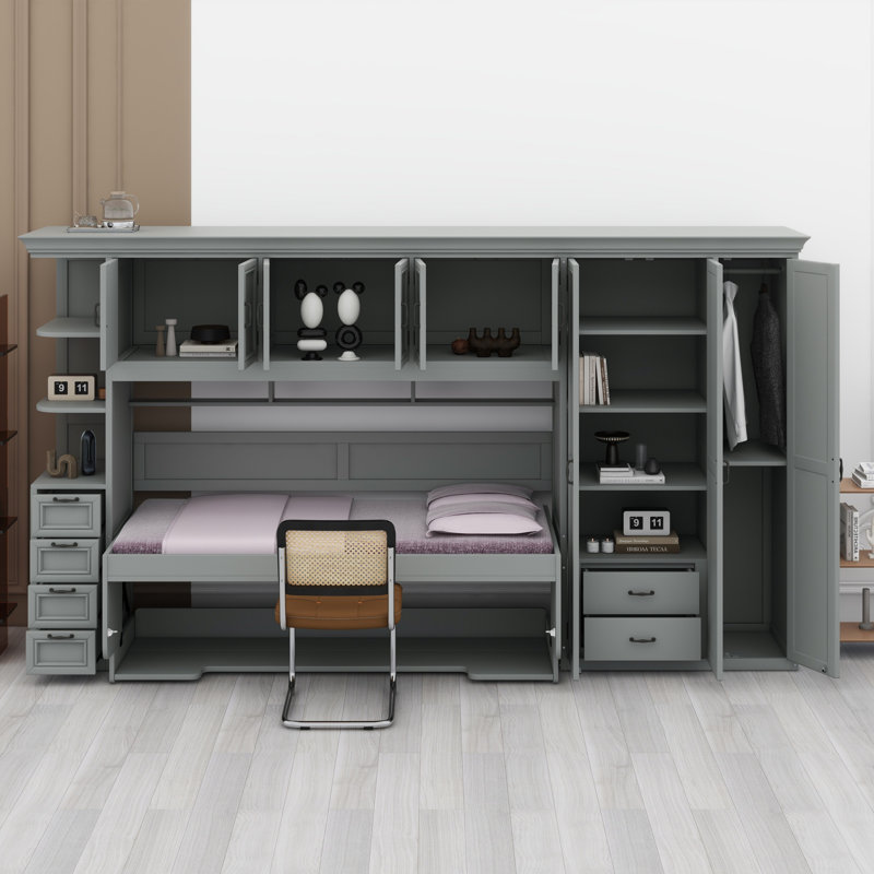 Lit escamotable mural avec garde-robe, armoire et bureau Murphy, Gris