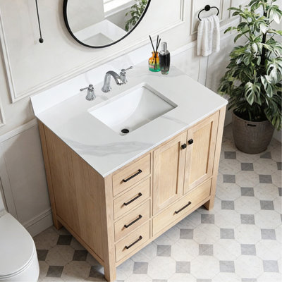 Comptoir de salle de bain en quartz de 37 po, lavabo central encastré à simple cuve de 3/4 po d'épaisseur, dosseret de 4 po de hauteur, 3 trous de robinet pré-percés, résistant aux taches et à la chaleur, quartz blanc de Carrare avec veines