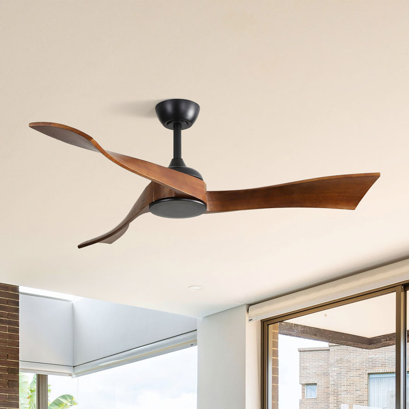 Kemp 52 Inch Modern Propeller Ceiling Fan without Light, Remote Control, 3 Solid Wood Blades, Indoor/Outdoor, Black&Brown
