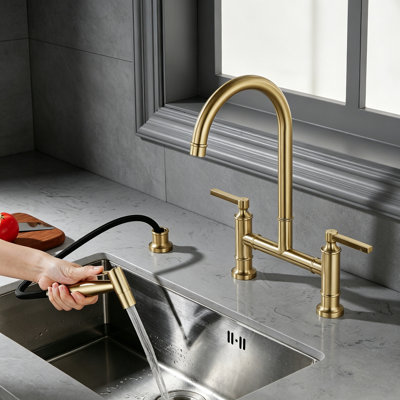 Brushed Gold 3 Hole Deck Mount Bridge Double Handles Kitchen Faucet with Side Sprayer