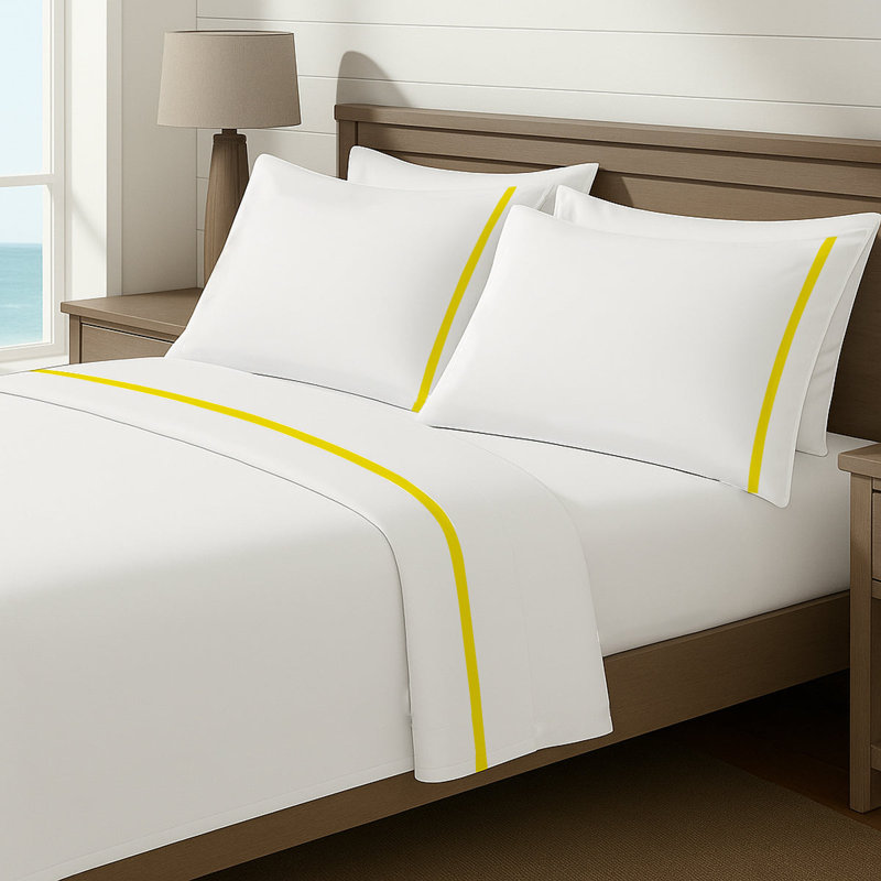 Luxury Border Cotton Sheet Set, Full Fitted Sheet, Yelow/White