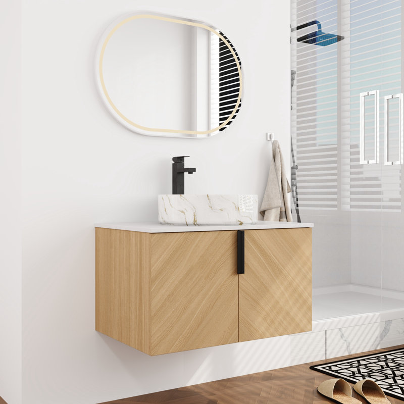 30'' Single Bathroom Floating Vanity With Engineered Stone Top, White/Gold