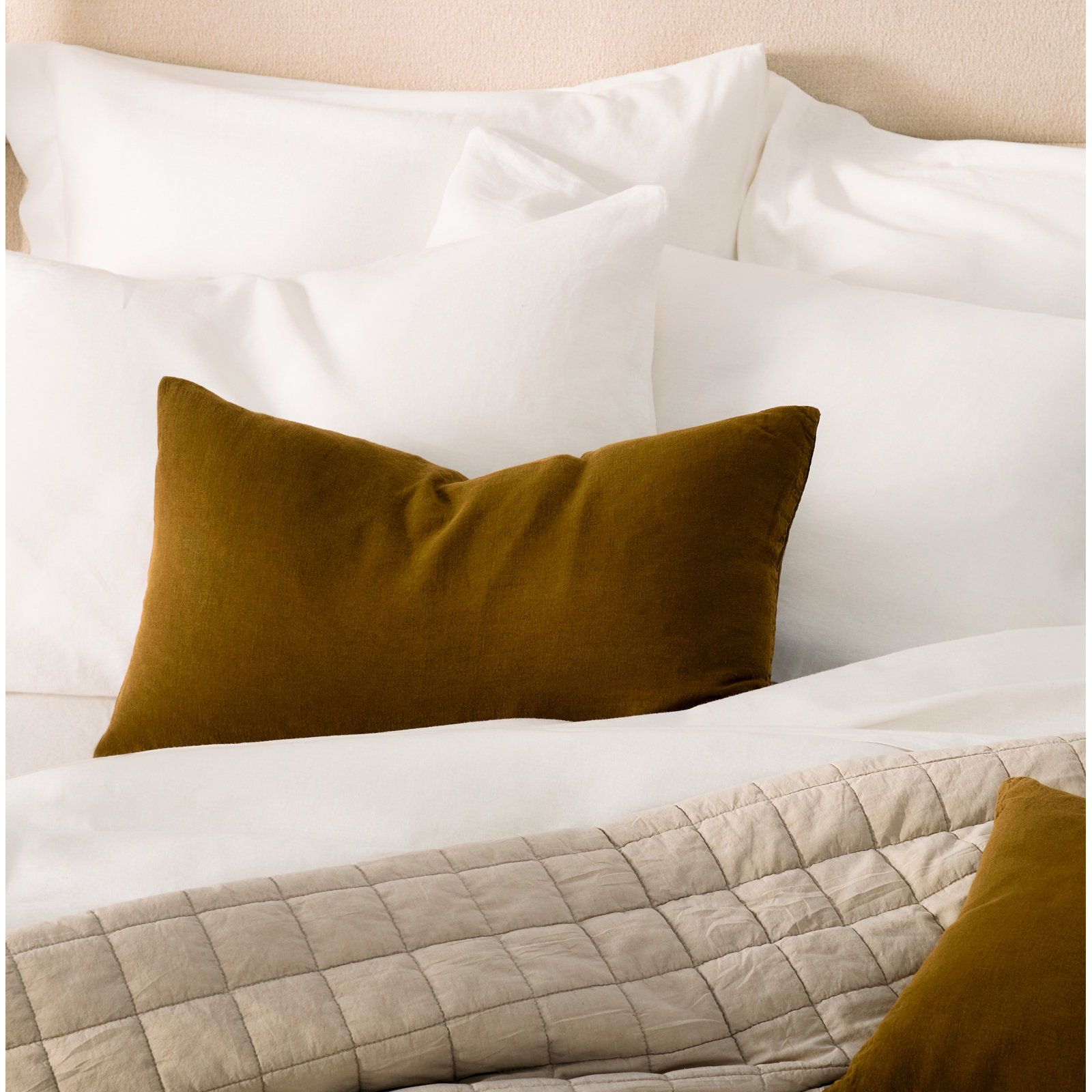 Simple Embroidered Linen Throw Pillow, Bronze, Rectangle 12" H x 22" W