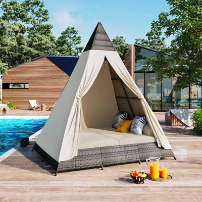 Lit de bronzage extérieur de 90,5 po de longueur avec coussins colorés, lit de jour de patio en osier avec coussins, forme de tente