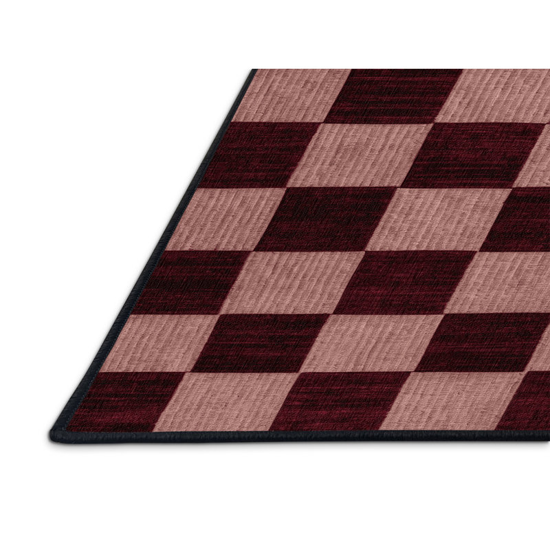 Tapis rouge à carreaux lavable à la machine, Rond 8 pi