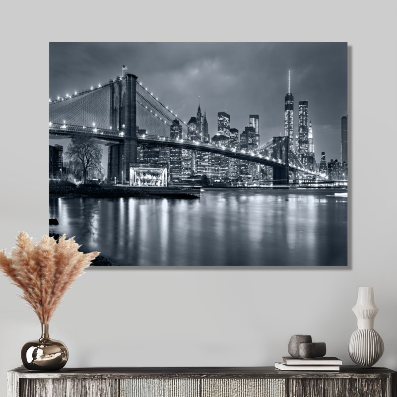 Panorama de la ville de New York la nuit, photographie sur métal, H 8 po x l 12 po, Toile tendue, Sans cadre