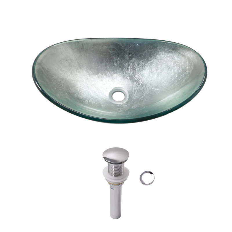 21.5" Glass Oval Vessel Bathroom Sink with Pop-Up Drain, Silver