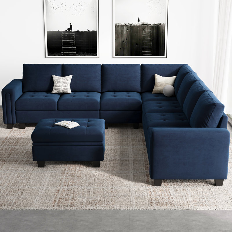 Shavera 7 - Piece Large L Shaped Velvet Modular Sofa Living room Corner Sofa Sectional Couch with Storage Ottoman
