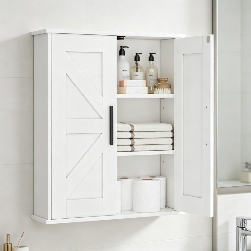 Armoire de salle de bain avec portes de grange, armoire de rangement au-dessus de la toilette, armoire à pharmacie murale à 3 niveaux avec tablettes réglables pour la salle de bain