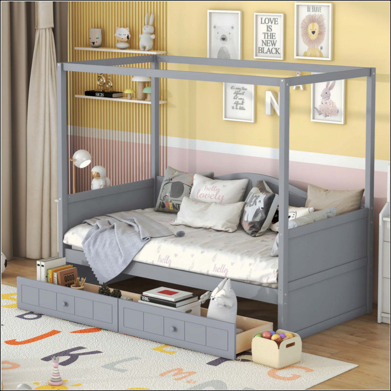 Lit de jour à baldaquin en bois avec 2 tiroirs, parfait pour les chambres modernes et peu encombrantes