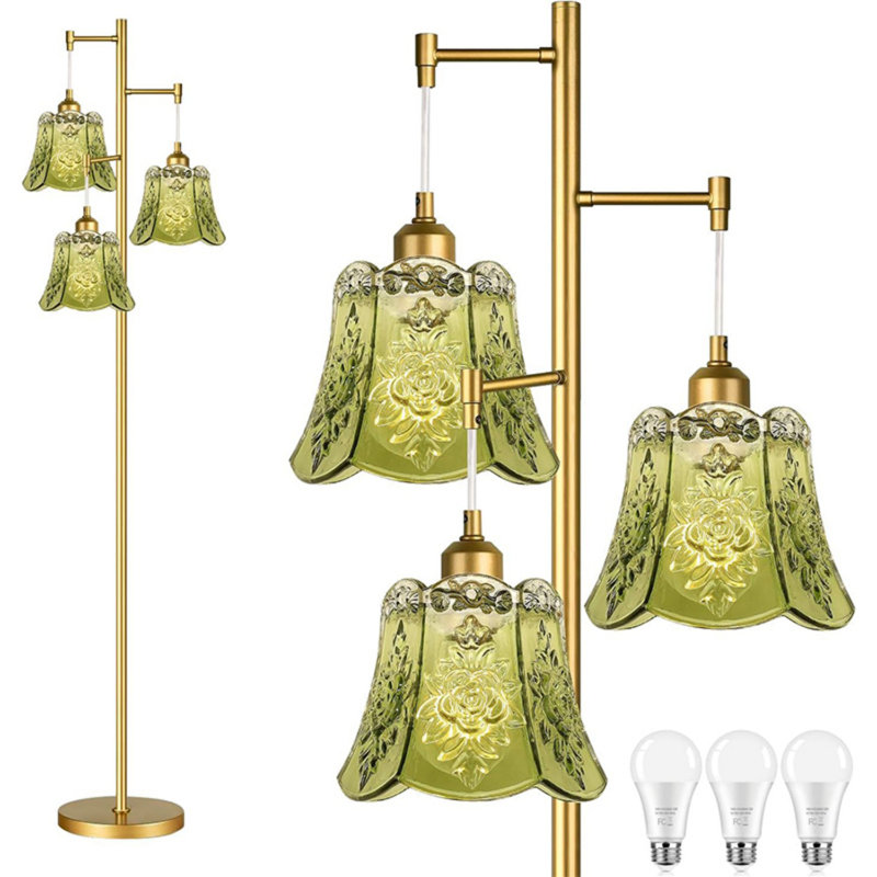 69-inch Green Bohemian-style Three-head Floor Lamp With Glass Floral Shade And Iron Base Frame, Suitable For Living Rooms, Studies, And Bedrooms.