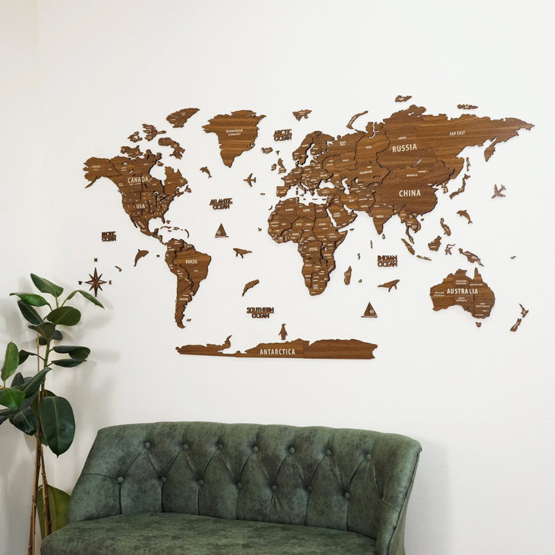 3D Wooden World Map for Wall - 3D Wood Push Pin Map, 59.1" H x 31.5" W x 0.2" D, Brown
