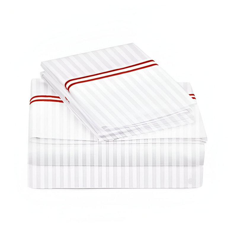 400TC Double Embroidery Sateen Stripe Cotton 4 Piece Sheet Set Fitted Sheet Fits Upto 16" Deep Pocket, Burgundy/White