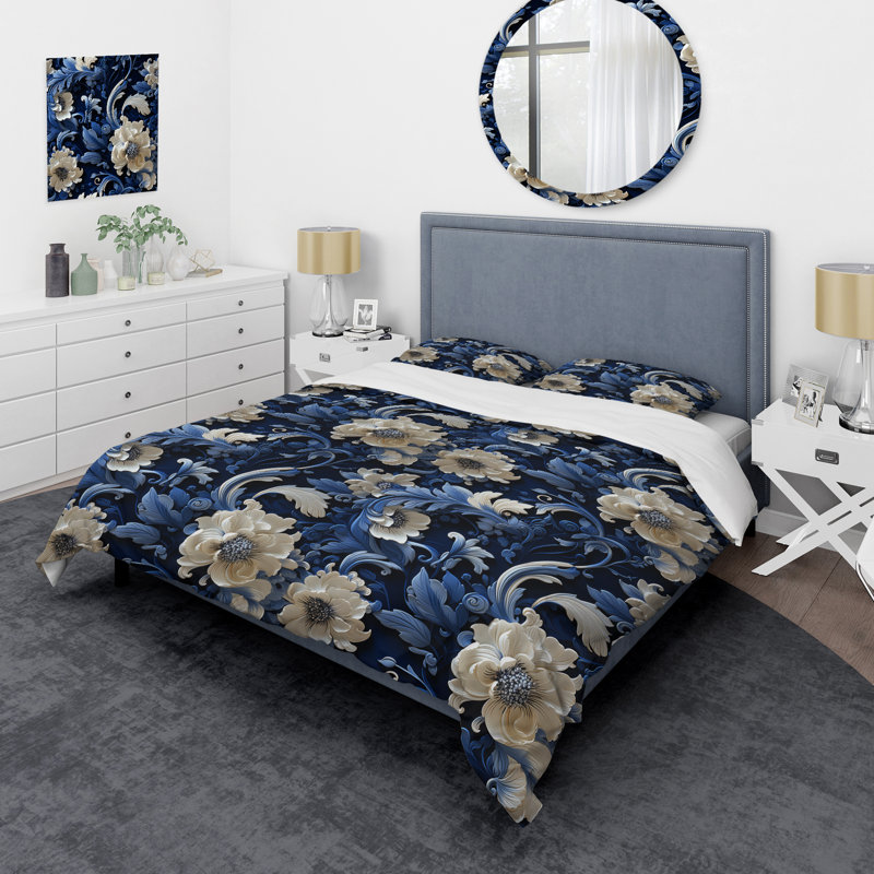 Literie à motif de volutes bleu cobalt, Housse de couette pour grand lit et 2 taies décor