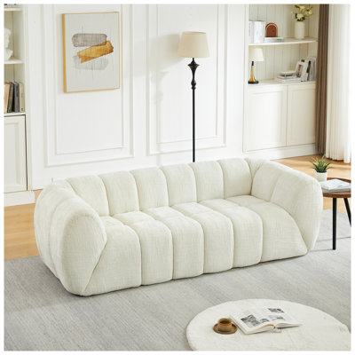Canapé moderne à 3 places en chenille beige matelassé avec assise profonde - Mobilier de salon confortable pour appartements et chambres à coucher