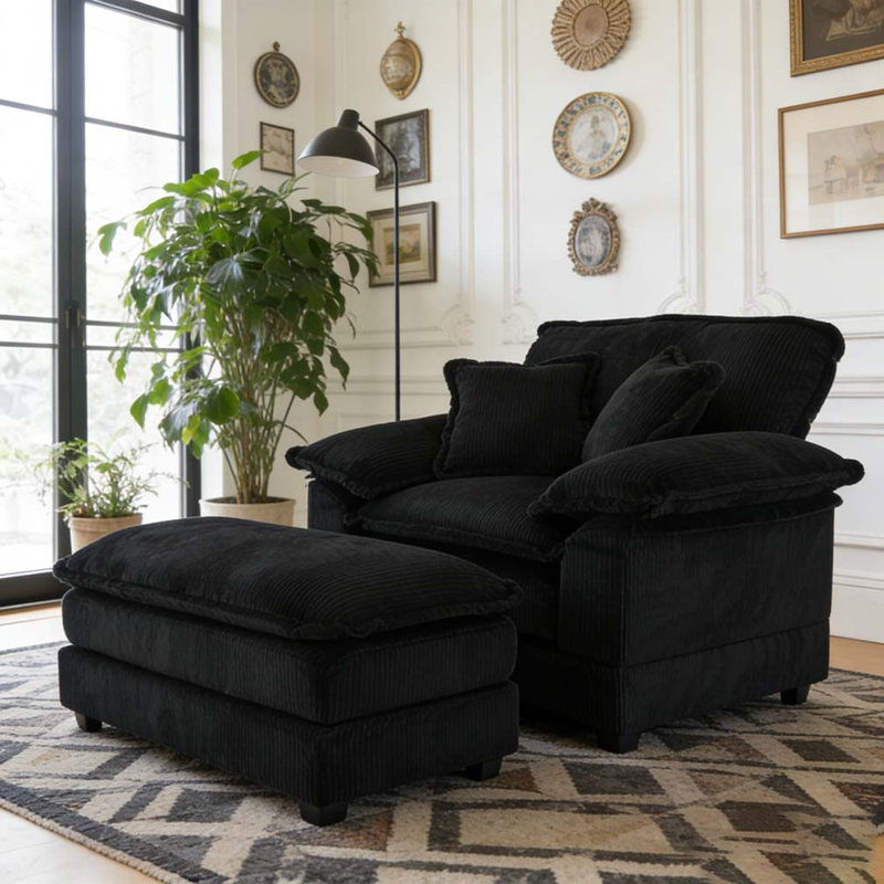 Canapé simple en velours côtelé 56,3 pouces avec 2 coussins décoratifs et un repose-pieds, Chenille noir
