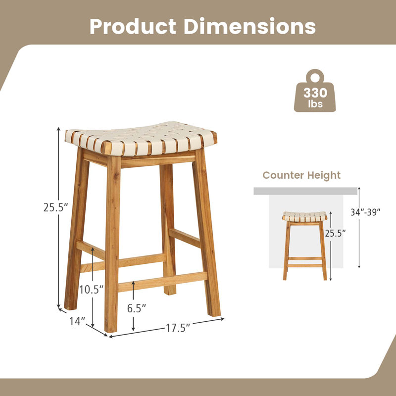 Woven Saddle Stools Set Of 2 Faux Pu Leather Counter Height Kitchen Stool, Counter Stool (25.5” Seat Height)