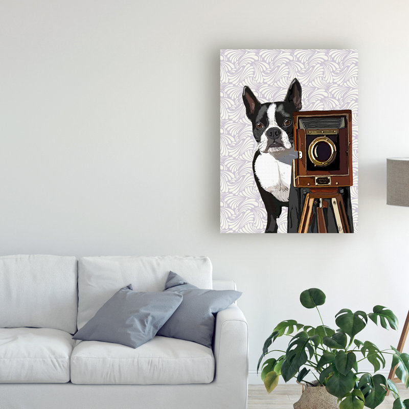 « boston terrier photographe », reproduction d’impression sur toile tendue, H 32 po x l 24 po x P 2 po