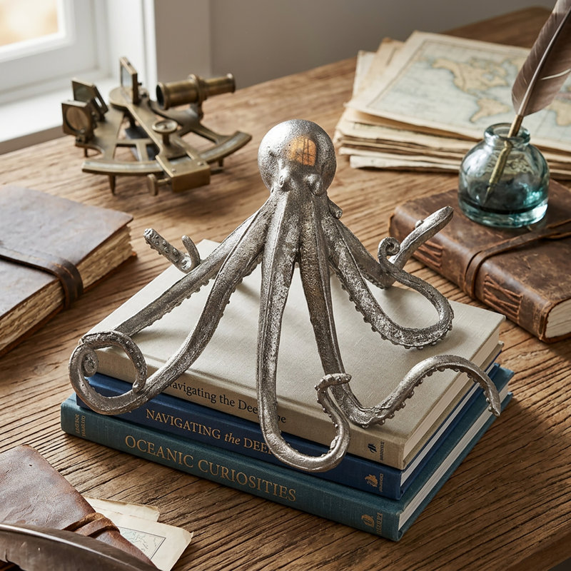 Louvenia Antiqued Silver Resin Octopus Tabletop Sculpture, 12" H x 7" W x 13" D