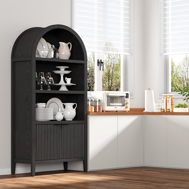 71" Tall  Arched Bookcase with Fluted Doors and Open Shelf, Black