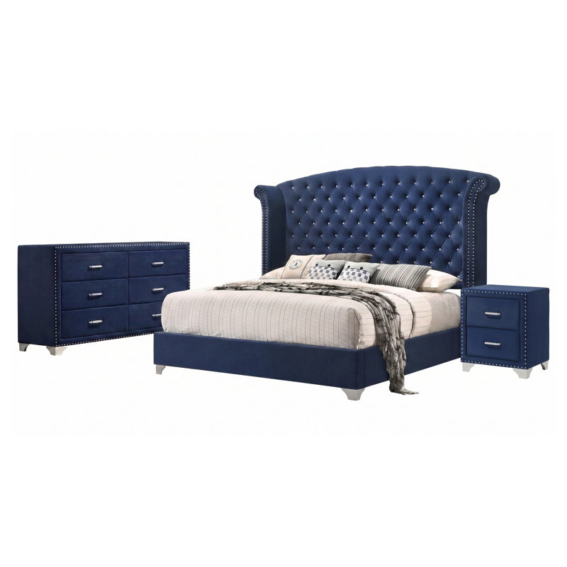 Ensemble de chambre à coucher 3 pièces Harmony Pacific Blue Queen avec lit à oreilles rembourré, commode et table de chevet