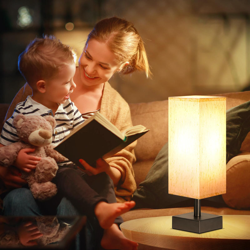 Small Table Lamp - Bedside Lamp for Bedroom, Minimalist Nightstand Lamp with Square Fabric Shade, Desk Lamp for Kids Room Dorm