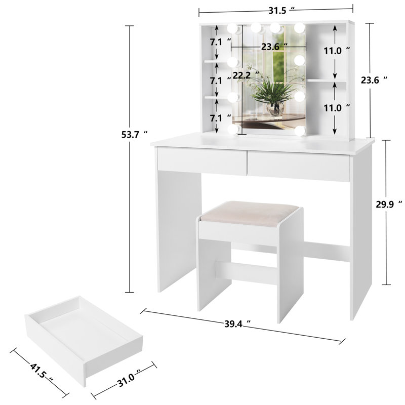 Ensemble coiffeuse avec tabouret et miroir Davisboro, Blanc