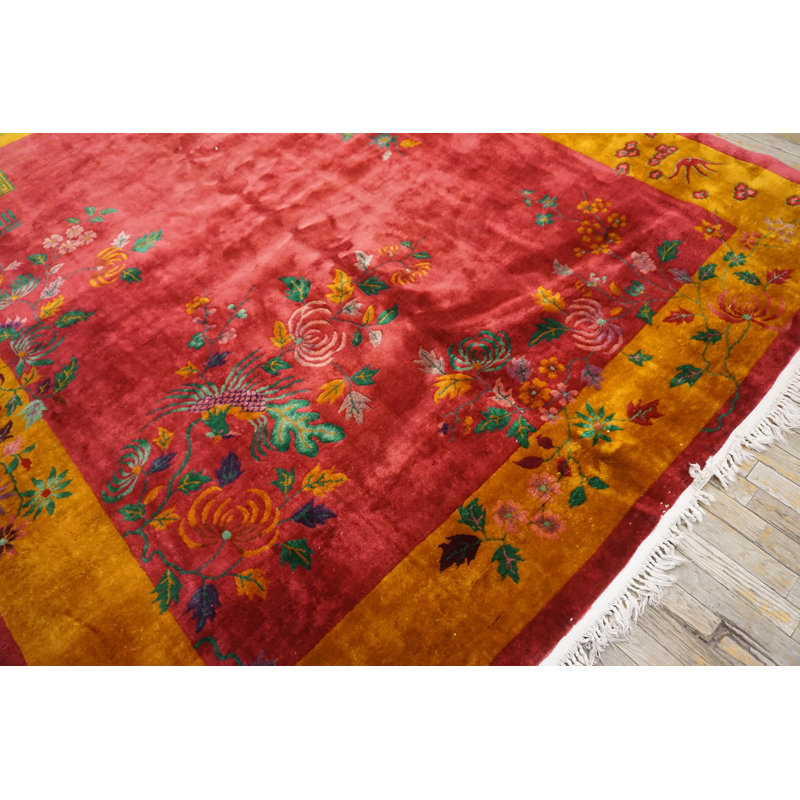 Wool Rectangle Coral / Salmon Pink 1920s Floral Antique Hand Knotted Pile Rug