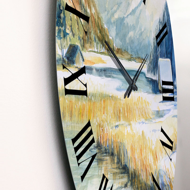 Paysage avec montagne bleue et rivière - horloge murale traditionnelle, Moyen