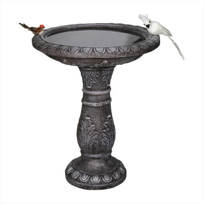 Vintage Carved Tree Trunk Bird Bath in Gray-Toned Concrete – 20-Inch Round Basin with Pillar Pedestal for Garden Grace