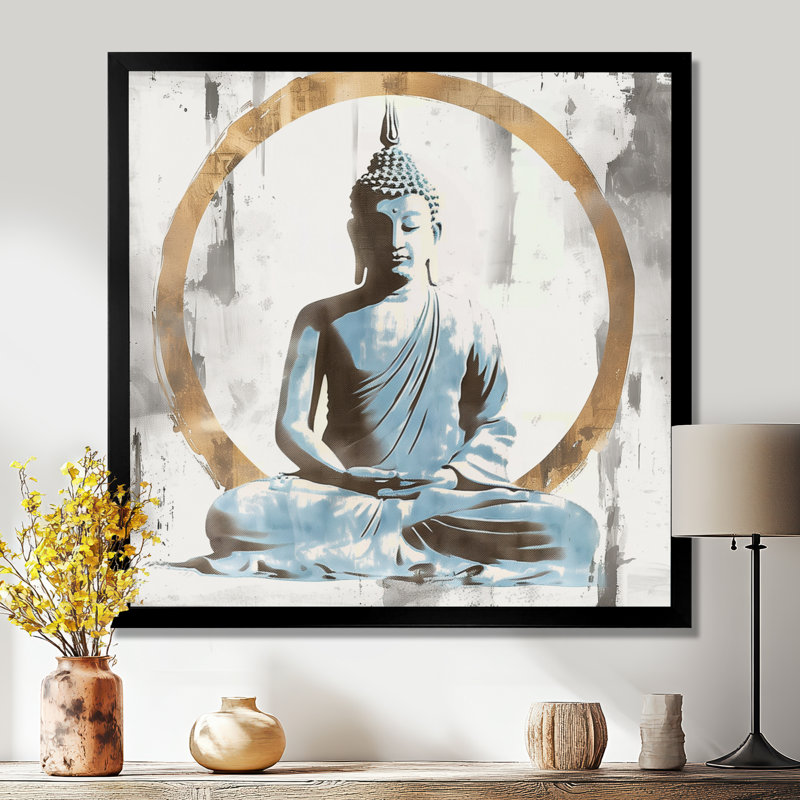 Bouddha doré gris et doré, réflexion V, Cadre simple noir, H 16 po x l 16 po x P 1 po